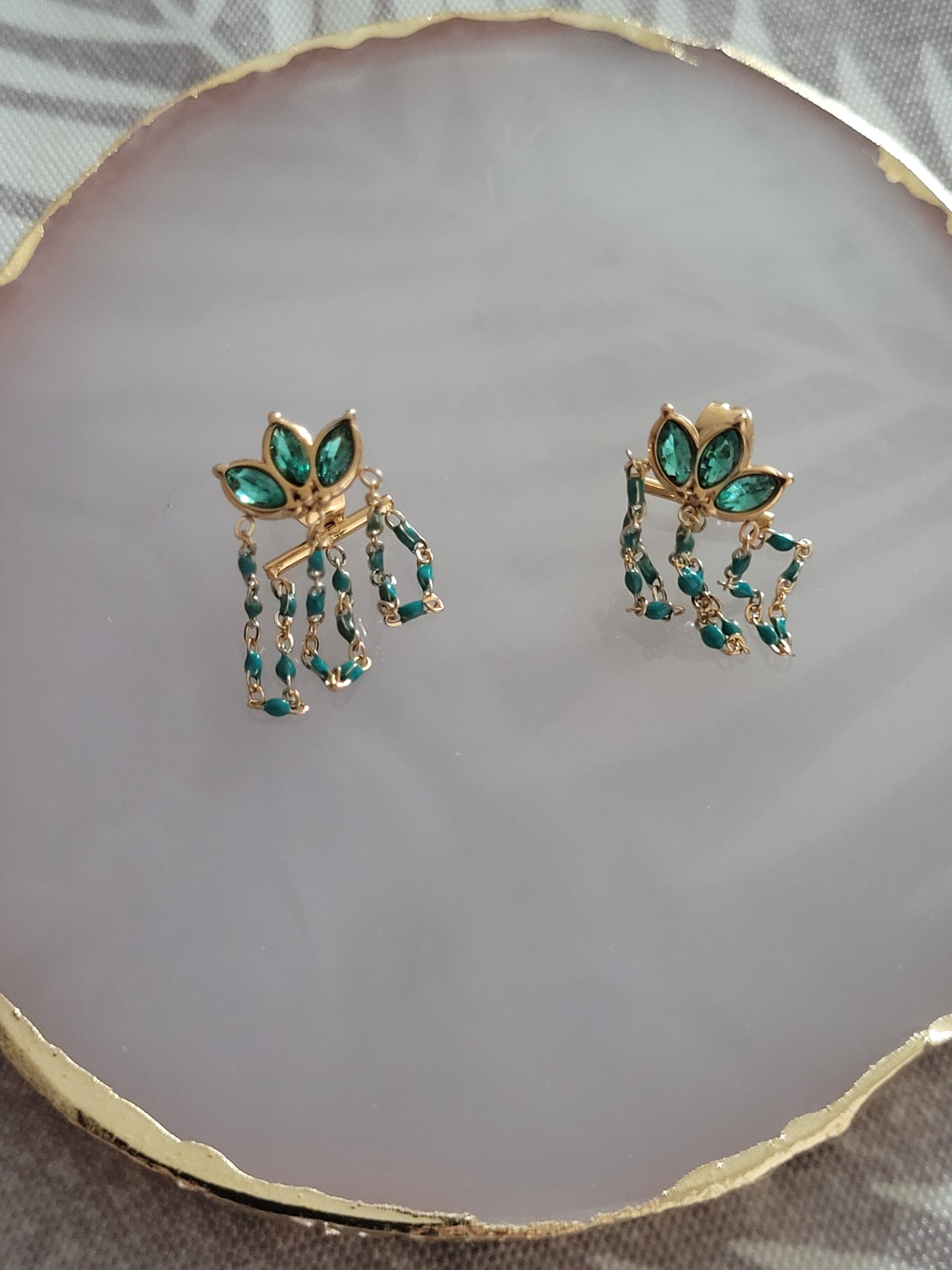 Boucles d'oreilles vertes et dorées