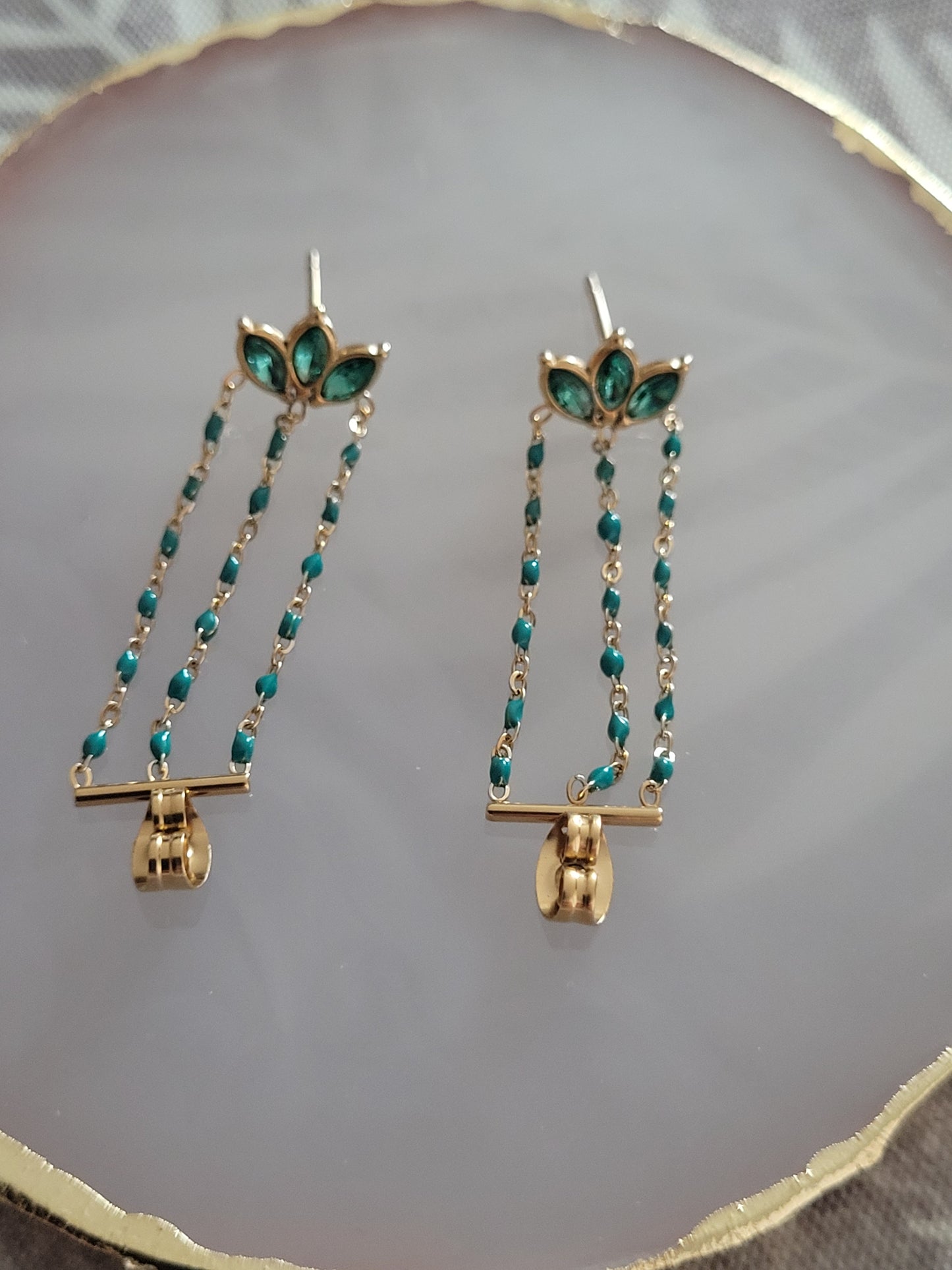Boucles d'oreilles vertes et dorées