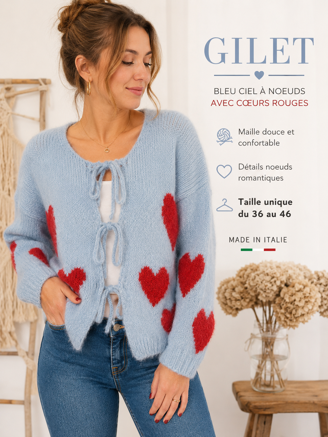 Gilet nœud bleu cœurs
